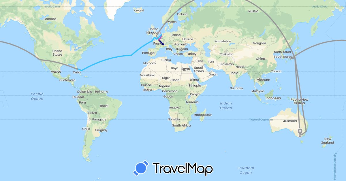 TravelMap itinerary: driving, plane, train, boat in Australia, Belgium, Bahamas, Switzerland, France, United Kingdom, Japan, Netherlands, Portugal, United States (Asia, Europe, North America, Oceania)